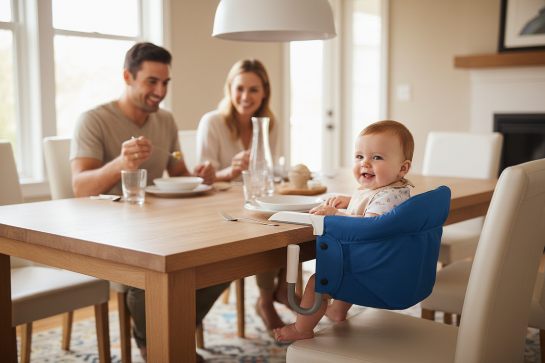 familia comiendo sentada a la mesa, bebe sentada en silla portatil