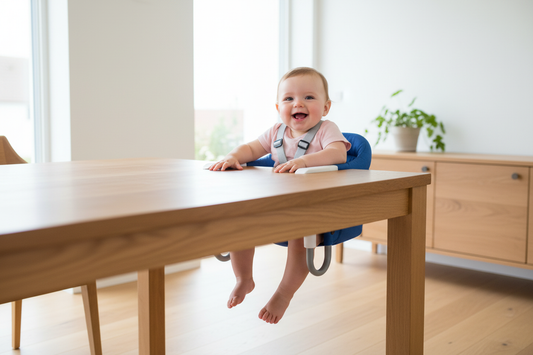 silla de comer portátil para bebé instalada en mesa de comedor familiar
