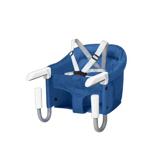 Silla de comer portátil HookOn para bebé color azul mostrando el enganche de 5 puntas