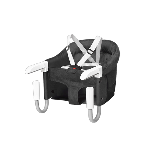 Silla de comer portátil HookOn para bebé color negro mostrando el arnés de 5 puntas
