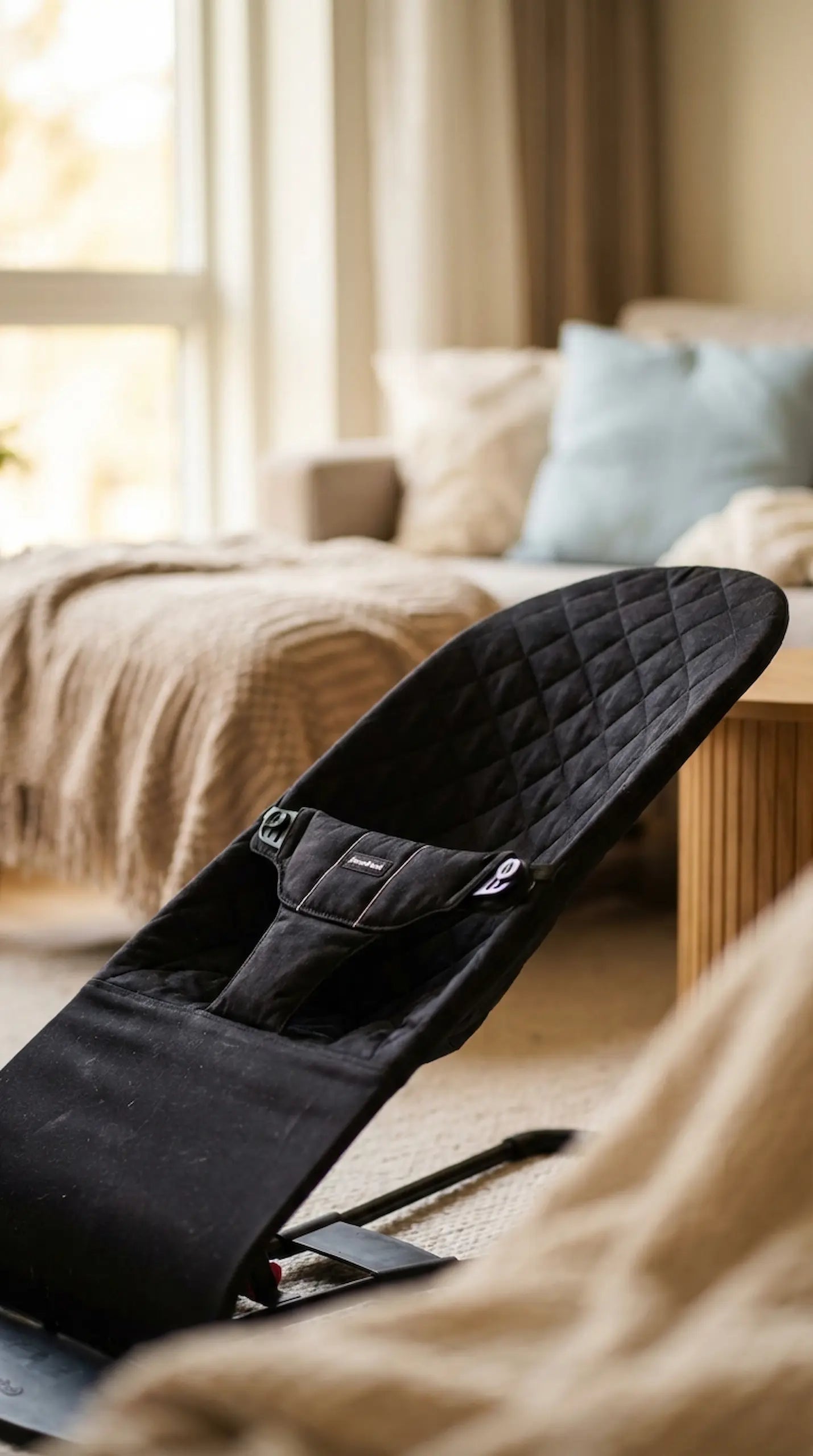 Silla mecedora LazyBoy negra MemoKoala en living familiar - mecedora portátil para bebé